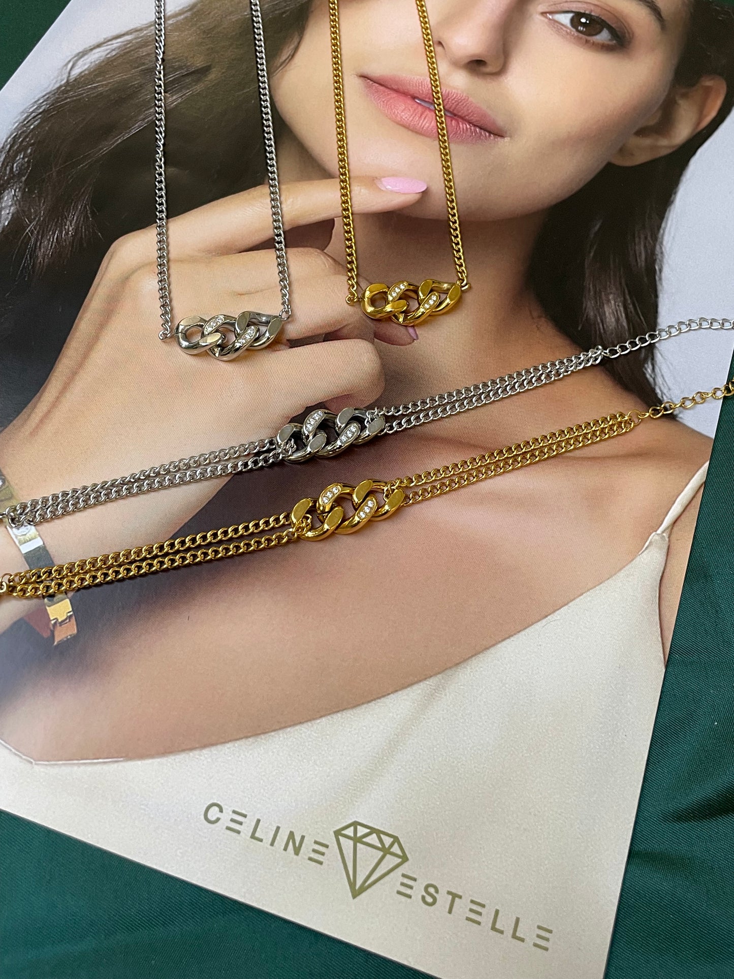 Stålhalsband med 18K förgyllning och CZ 40+5 cm