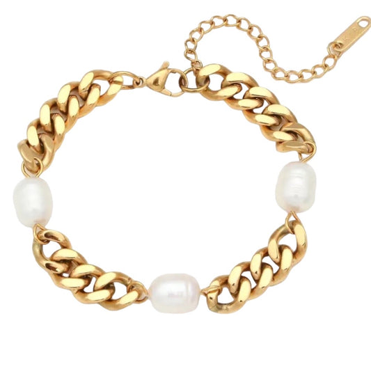 Stålarmband med 18K förgyllning och Sötvattenpärlor 15+5 cm
