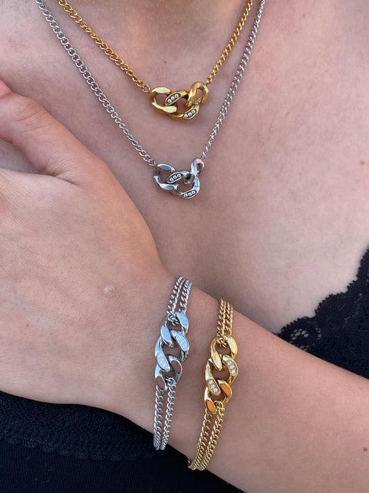 Stålarmband med 18K förgyllning och CZ 15+4 cm