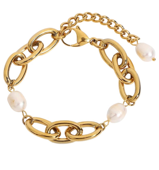 Stålarmband med 18K förgyllning och Sötvattenpärlor 16+4,5 cm