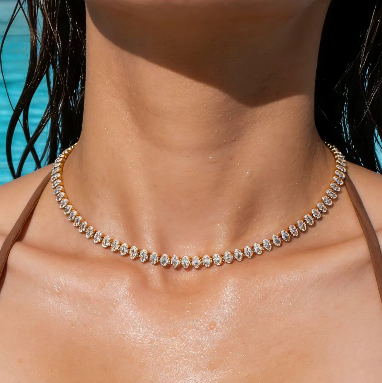 Stålhalsband med 18K förgyllning och CZ (OVALA) 40+5 cm
