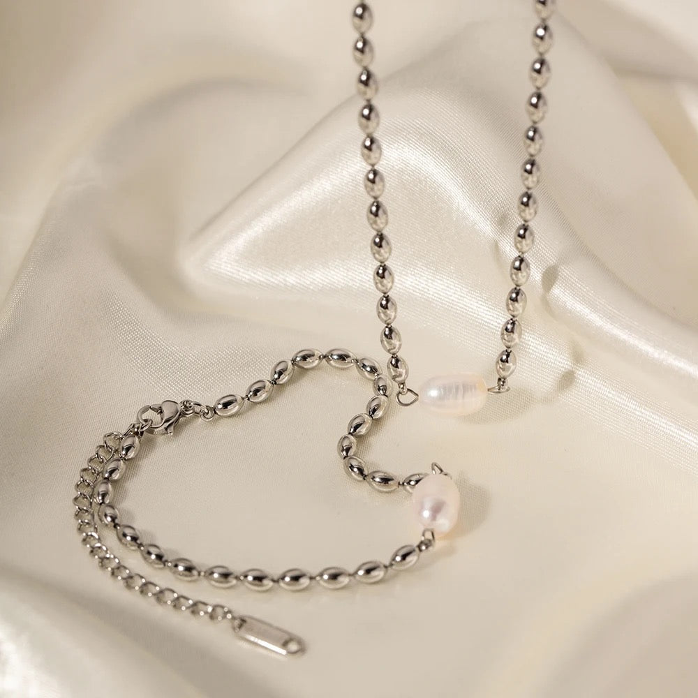 Stålarmband med Sötvattenpärla 15,5+5 cm