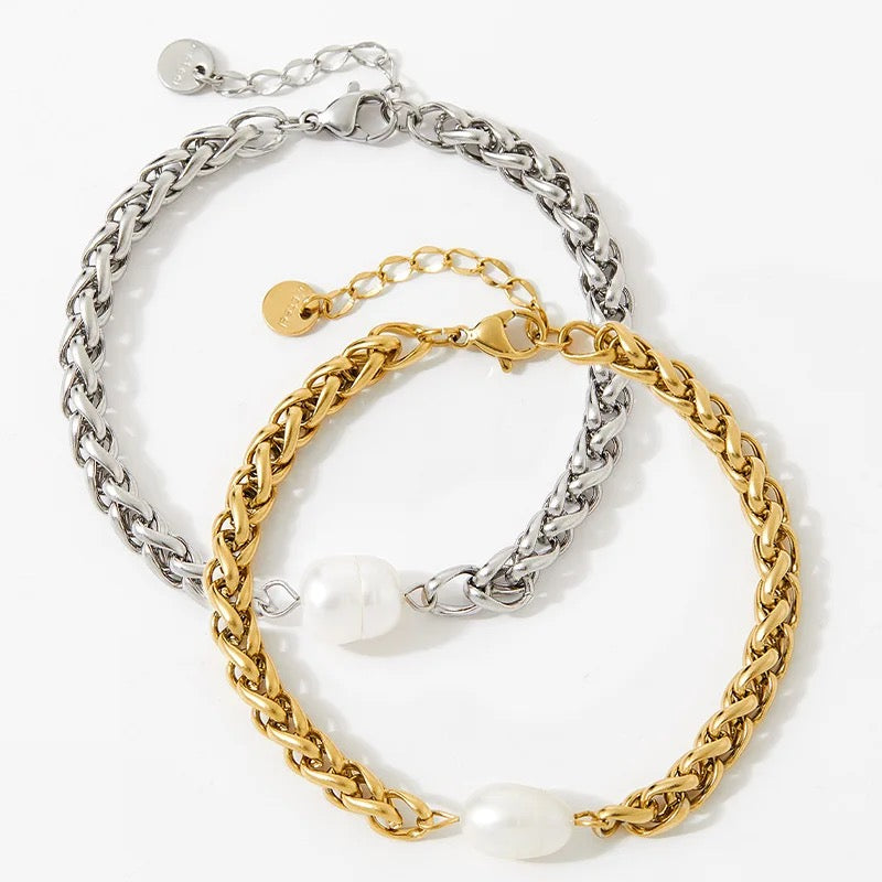 Stålarmband med Sötvattenpärla 17+3 cm