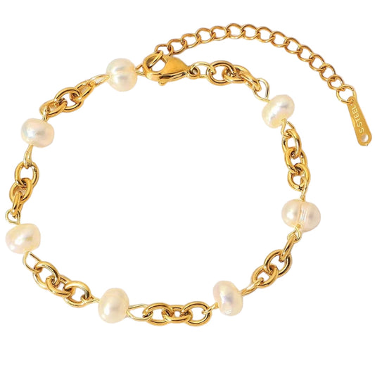 Stålarmband med 18K förgyllning och Sötvattenpärlor 16+4,5 cm