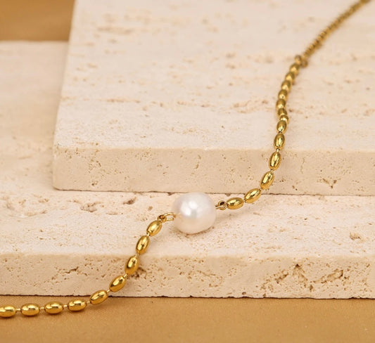 Stålarmband med 18K förgyllning och Sötvattenpärla 15+5,5 cm