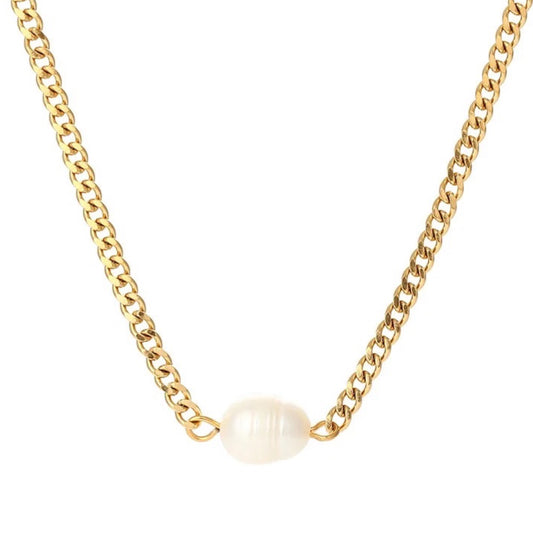 Stålhalsband med 18K förgyllning och Sötvattenpärla 37+5 cm