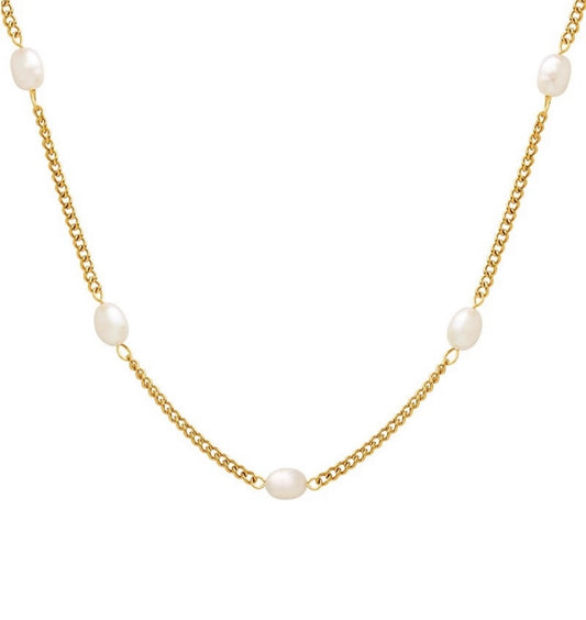 Stålhalsband med 18K förgyllning och Sötvattenpärlor 40+ 5 cm